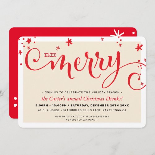 CHRISTMAS PARTY modern fun red typography BE MERRY Holiday Card