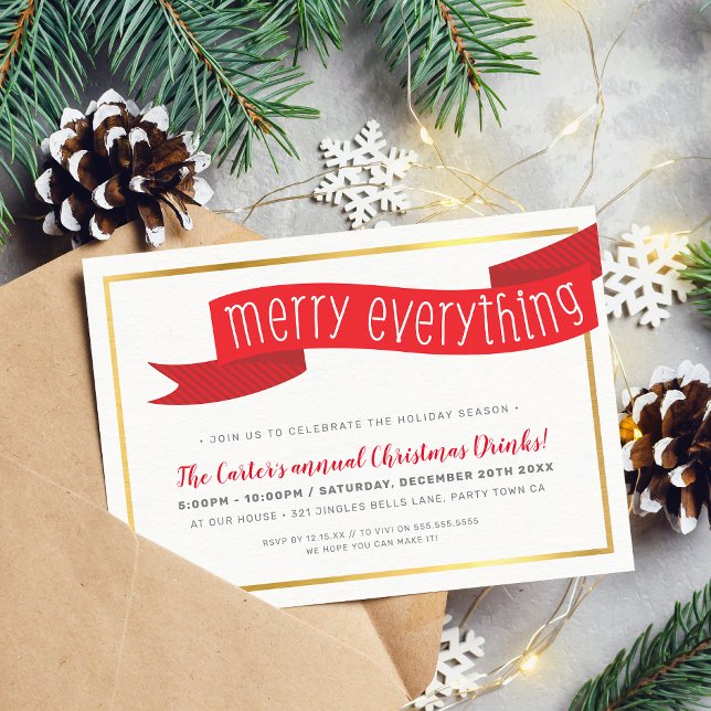 CHRISTMAS PARTY modern red ribbon MERRY EVERYTHING Holiday Card (Creator Uploaded)