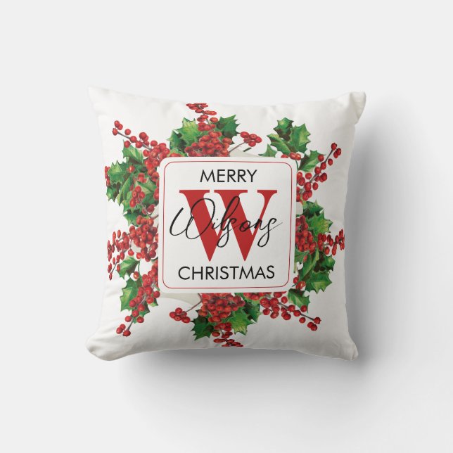 Christmas Party Monogram Red & Green Festive Throw Pillow (Front)