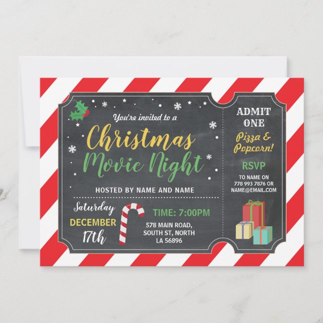 Christmas Party Movie Night Film Ticket Holly Fun Invitation (Front)