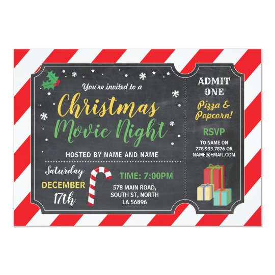 Christmas Party Movie Night Film Ticket Holly Fun Invitation | Zazzle.com