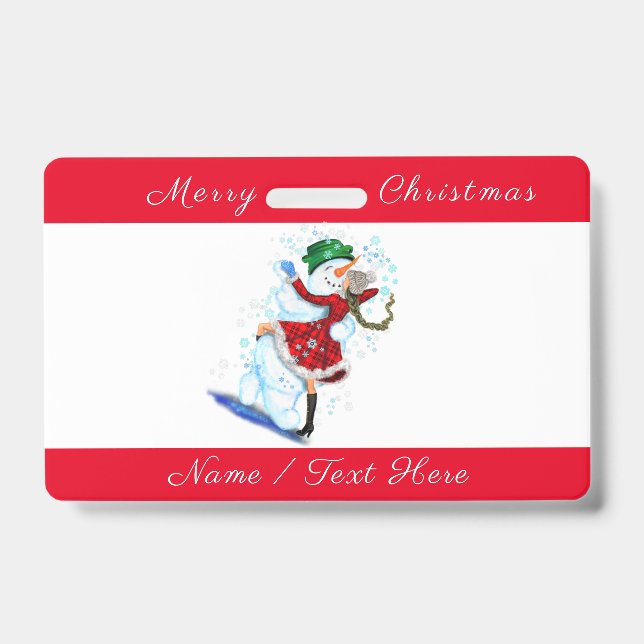 Christmas Party Name Badge Snowman and Girl Dance (Front)
