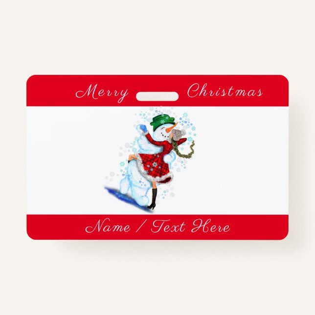 Christmas Party Name Badge Snowman and Girl Dance (Front)