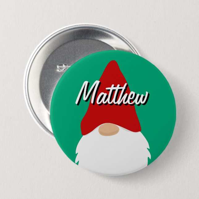 Christmas party name buttons with cute gnome (Front & Back)