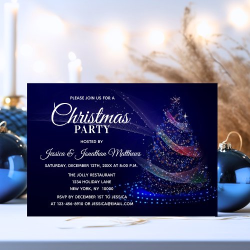 CHRISTMAS PARTY Navy Blue Twinkle Lights Snow Tree Invitation