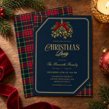 Christmas Party Navy Tartan Plaid Red Bow
