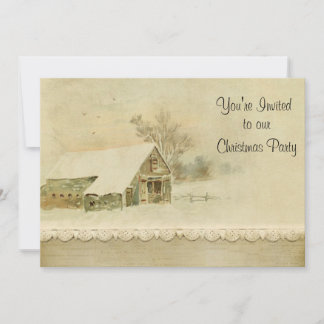 Christmas Party Old Barn Snow Scene Invitation