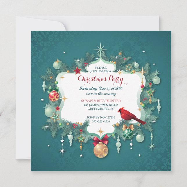 Christmas Party Ornaments Cardinal Teal Damask Invitation (Front)