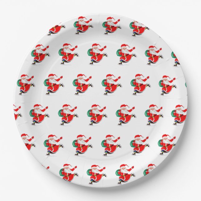 Christmas Party Paper Plates Santa with Gift (Front)