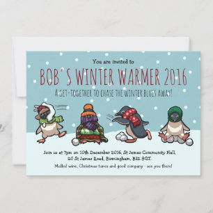 Christmas Party Penguin Snowball Fight Cartoon Invitation