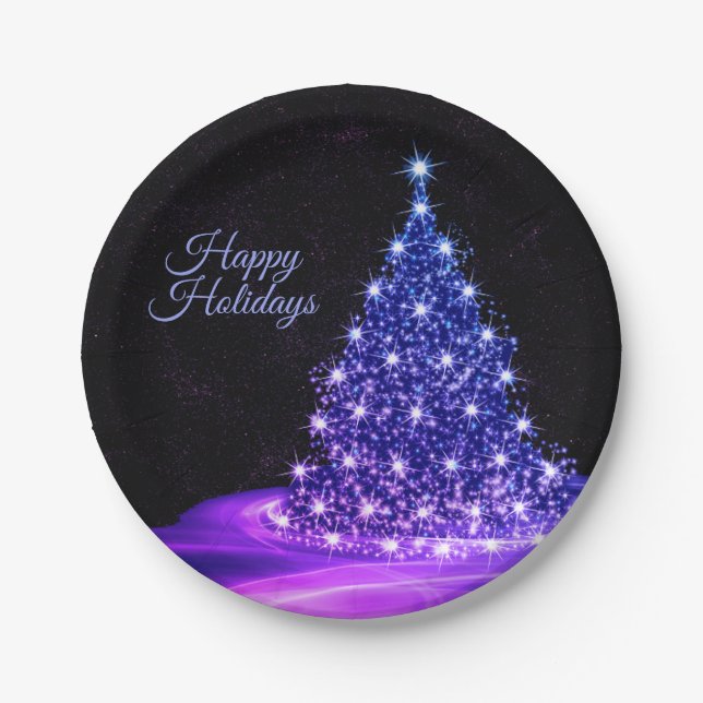 Christmas Party Pink Blue Tree Winter Black Rustic Paper Plates (Front)