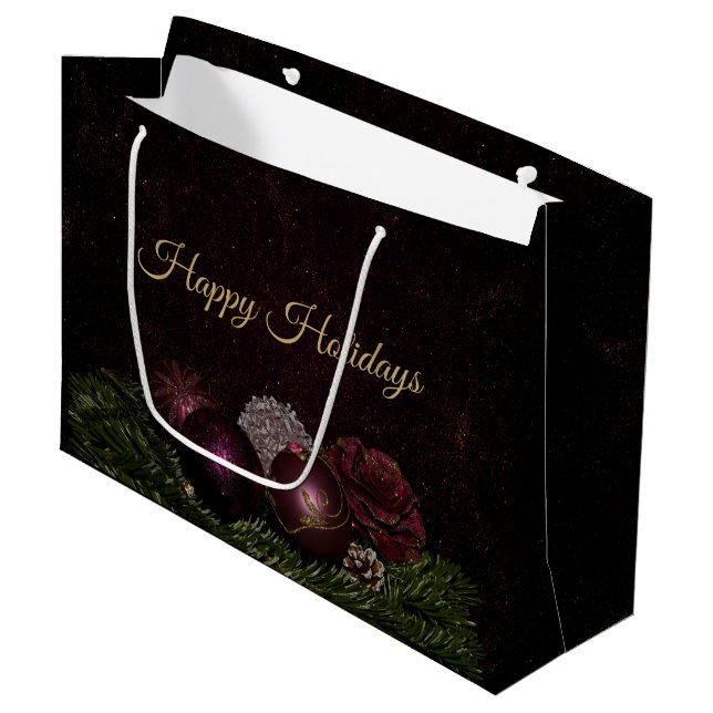 Christmas Party Pink Ornament Green Leaves Black Large Gift Bag (Front Angled)