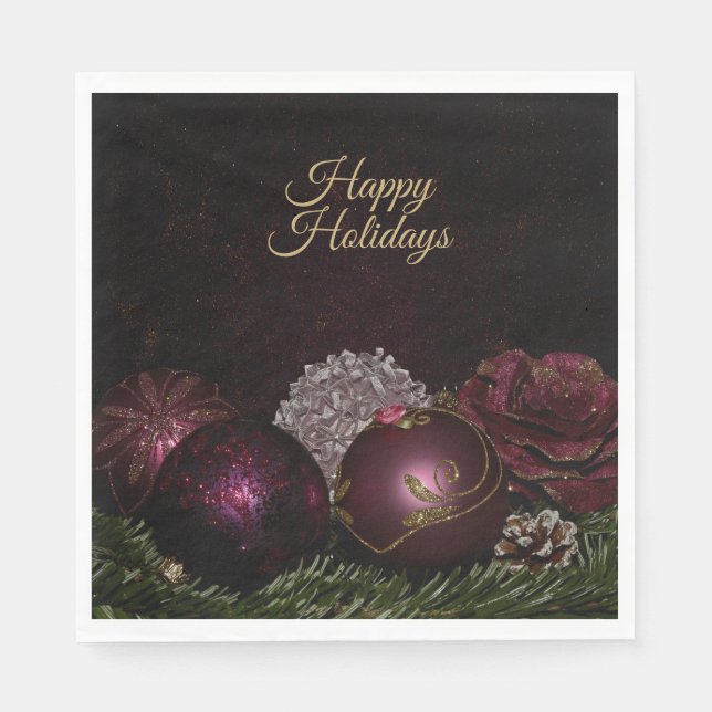 Christmas Party Pink Ornament Green Leaves Black Napkins (Front)