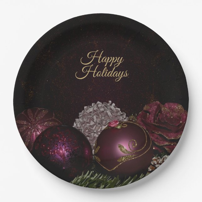 Christmas Party Pink Ornament Green Leaves Black Paper Plates (Front)