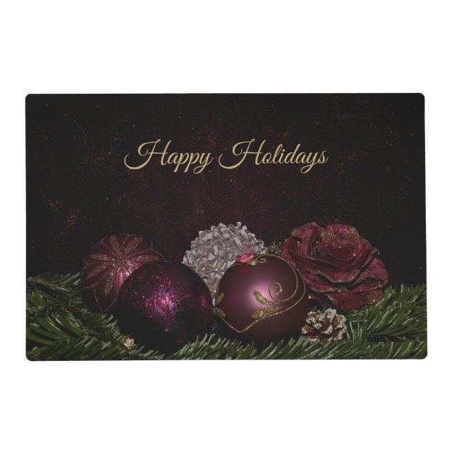 Christmas Party Pink Ornament Green Leaves Black Placemat (Front)