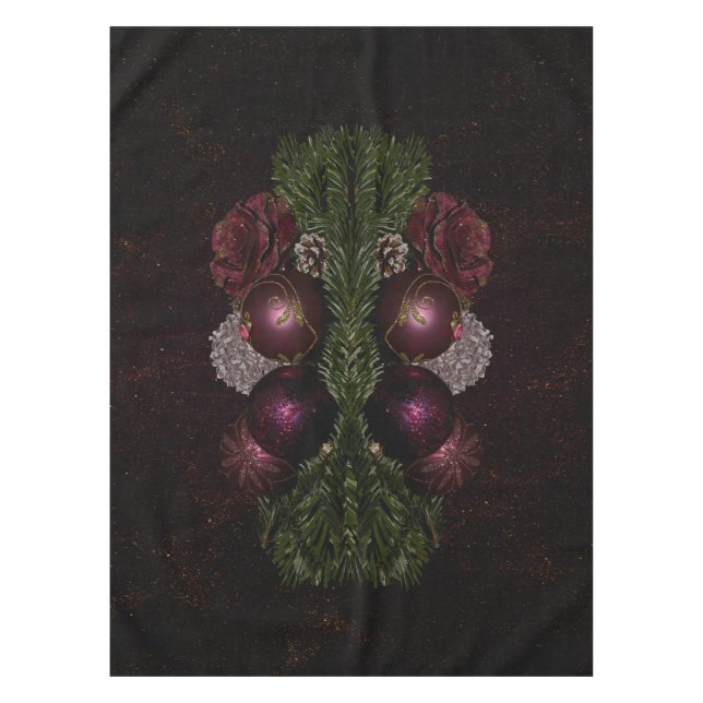 Christmas Party Pink Ornament Green Leaves Black Tablecloth (Front)