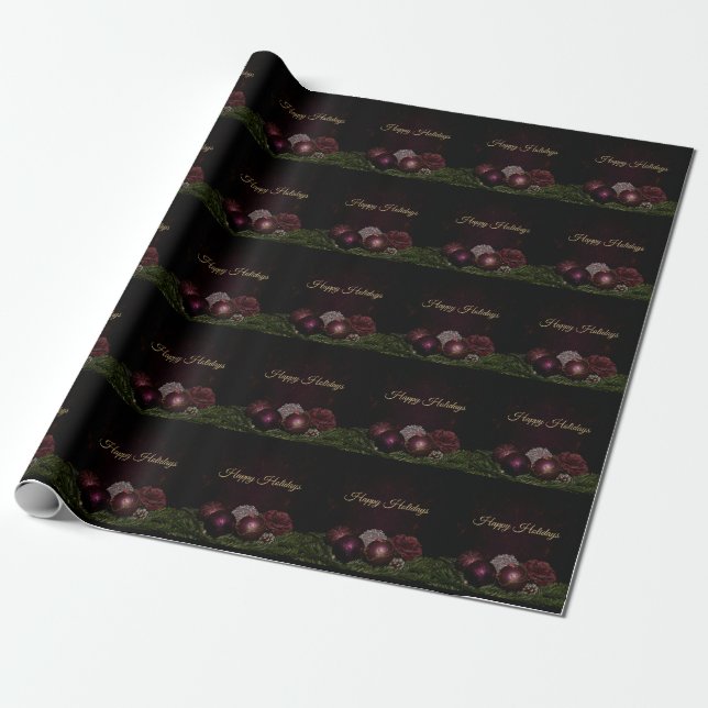 Christmas Party Pink Ornament Green Leaves Black Wrapping Paper (Unrolled)