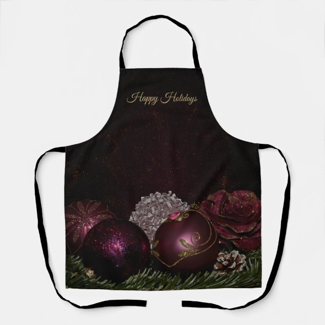 Christmas Party Pink Ornaments Green Leaves Black Apron (Front)