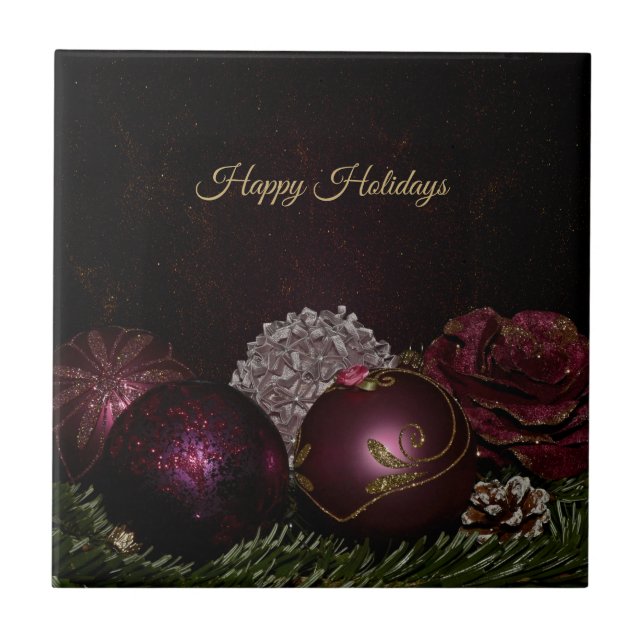 Christmas Party Pink Ornaments Green Leaves Black Ceramic Tile (Front)