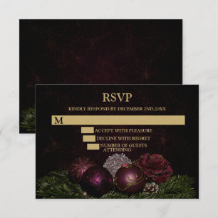 Christmas Party Pink Ornaments Green Leaves Black RSVP Card