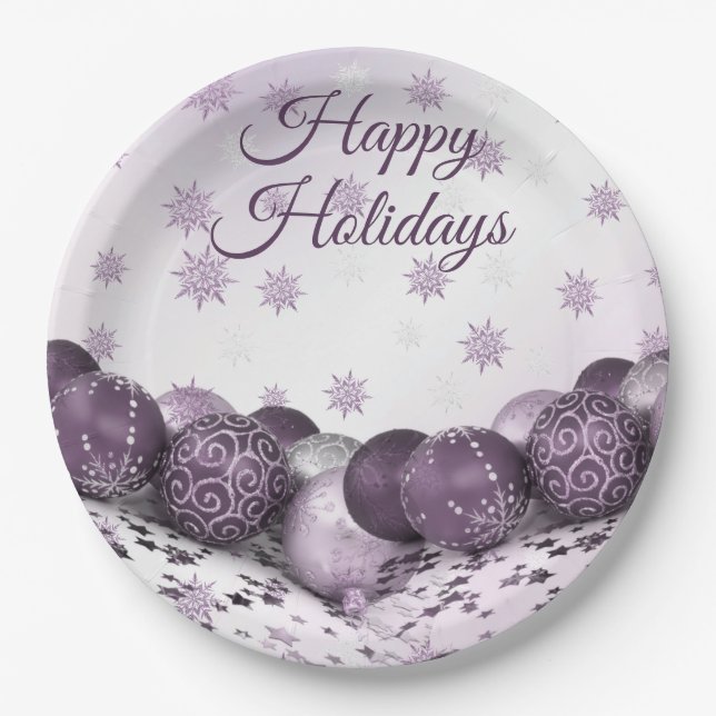 Christmas Party Pink Purple Ornament Snowflakes Paper Plates (Front)