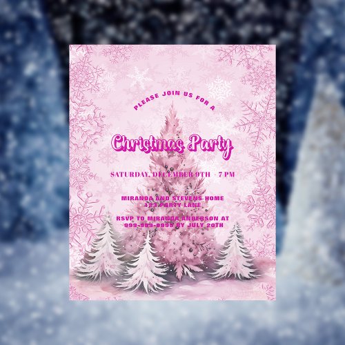 Christmas party pink tree snow budget invitation