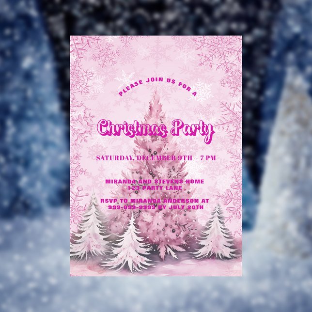 Christmas party pink tree snowflakes invitation (Creator Uploaded)