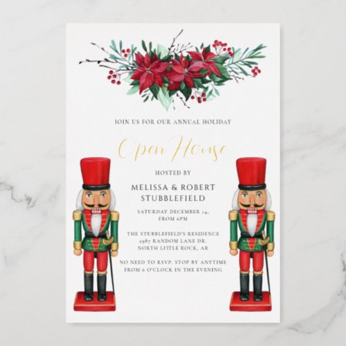 Christmas Party Poinsettia Toy Nutcracker Gold Foil Invitation