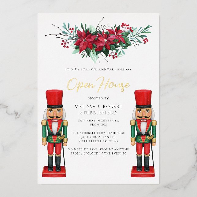 Christmas Party Poinsettia Toy Nutcracker Gold Foil Invitation (Front)