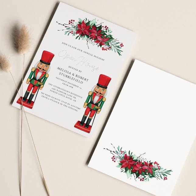 Christmas Party Poinsettia Toy Nutcracker Silver Foil Invitation (Open House Christmas Nutcracker Poinsettia Invitation)