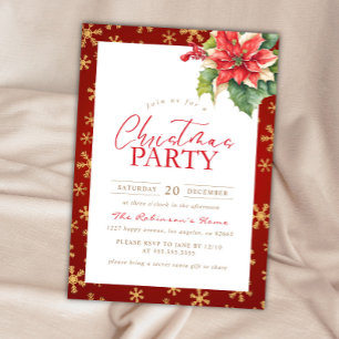 Christmas Party Red And Gold Holly Poinsettia Invitation