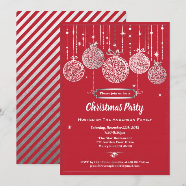 Christmas party red and silver ornaments exchange invitation (Front/Back)
