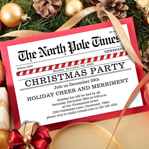 Christmas Party Red and White Newspaper  Invitation