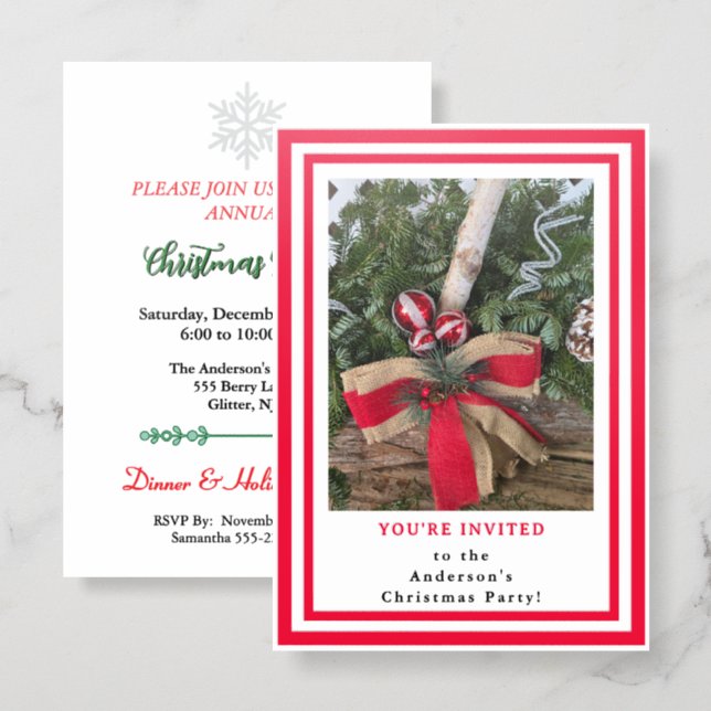 Christmas Party Red Bow Yule Log Letterpress Photo Cards (Front/Back)