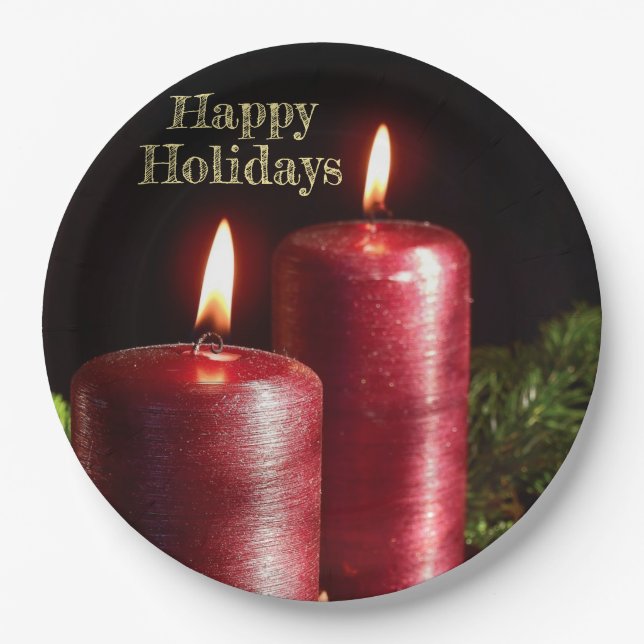  Christmas Party Red Candles Winter Holidays Paper Plates (Front)