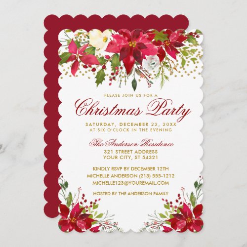 Christmas Party Red Floral Poinsettia Gold Glitter Invitation