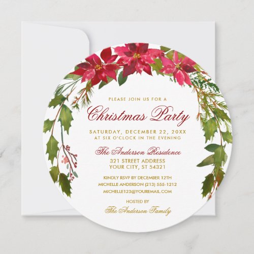 Christmas Party Red Floral Poinsettia Round Invitation