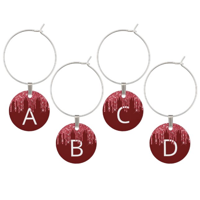 Christmas party red glitter drips sparkle monogram wine charm (Staggered)