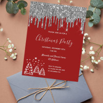 Christmas party red glitter silver invitation postcard