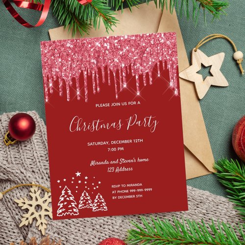 Christmas party red glitter sparkle invitation postcard