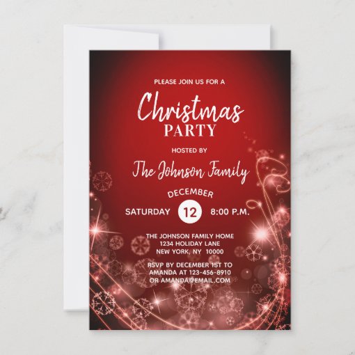 CHRISTMAS PARTY Red Glitter White Snowflakes Snow Invitation | Zazzle