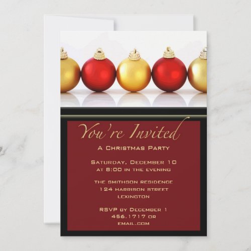 Christmas Party Red  Gold Balls Invitation