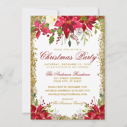 Christmas Party Red Gold Glitter Poinsettia Floral Invitation