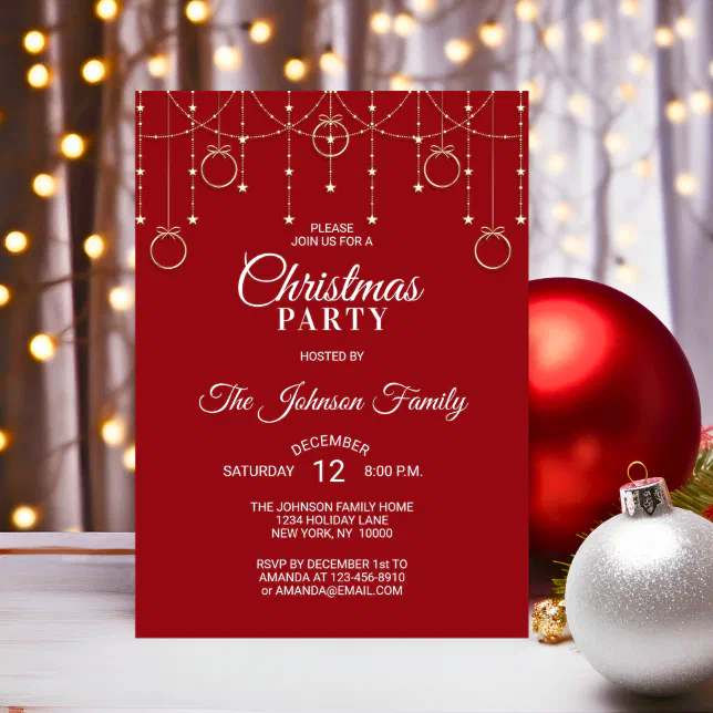 CHRISTMAS PARTY RED Gold Glitter Stars Invitation | Zazzle