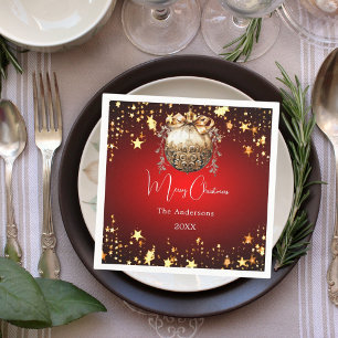 Christmas party red gold ornament napkins