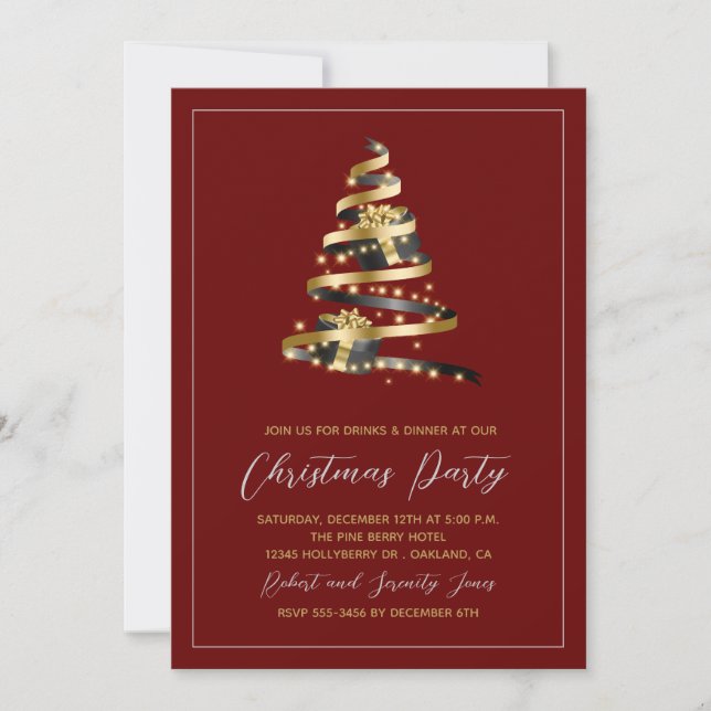 Christmas Party Red Gold Tree Invitation (Front)