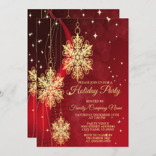 Christmas Party Red Golden Snowflakes Holiday Invitation