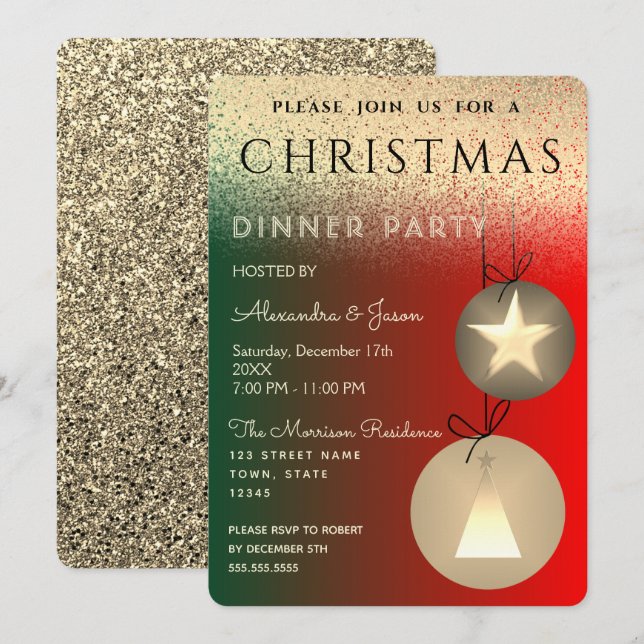 Christmas Party Red Green and Gold Glitter Invitation (Front/Back)