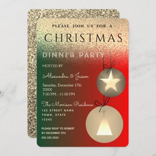 Christmas Party Red Green and Gold Glitter Invitation