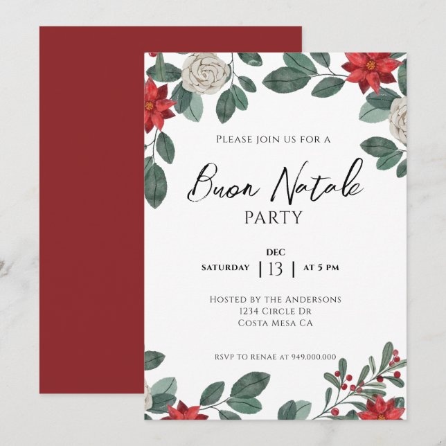 Christmas Party Red Green Floral Invitation (Front/Back)
